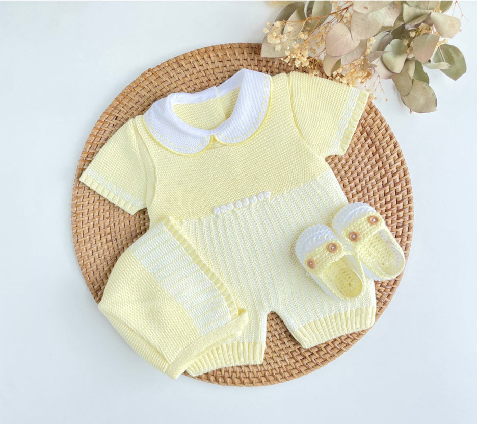 Baby Boy Knitted Romper Set with Bonnet & Booties