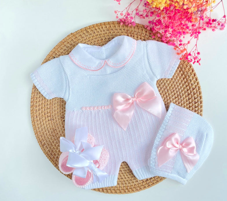 Baby Knitted Romper Set with Bonnet & Booties