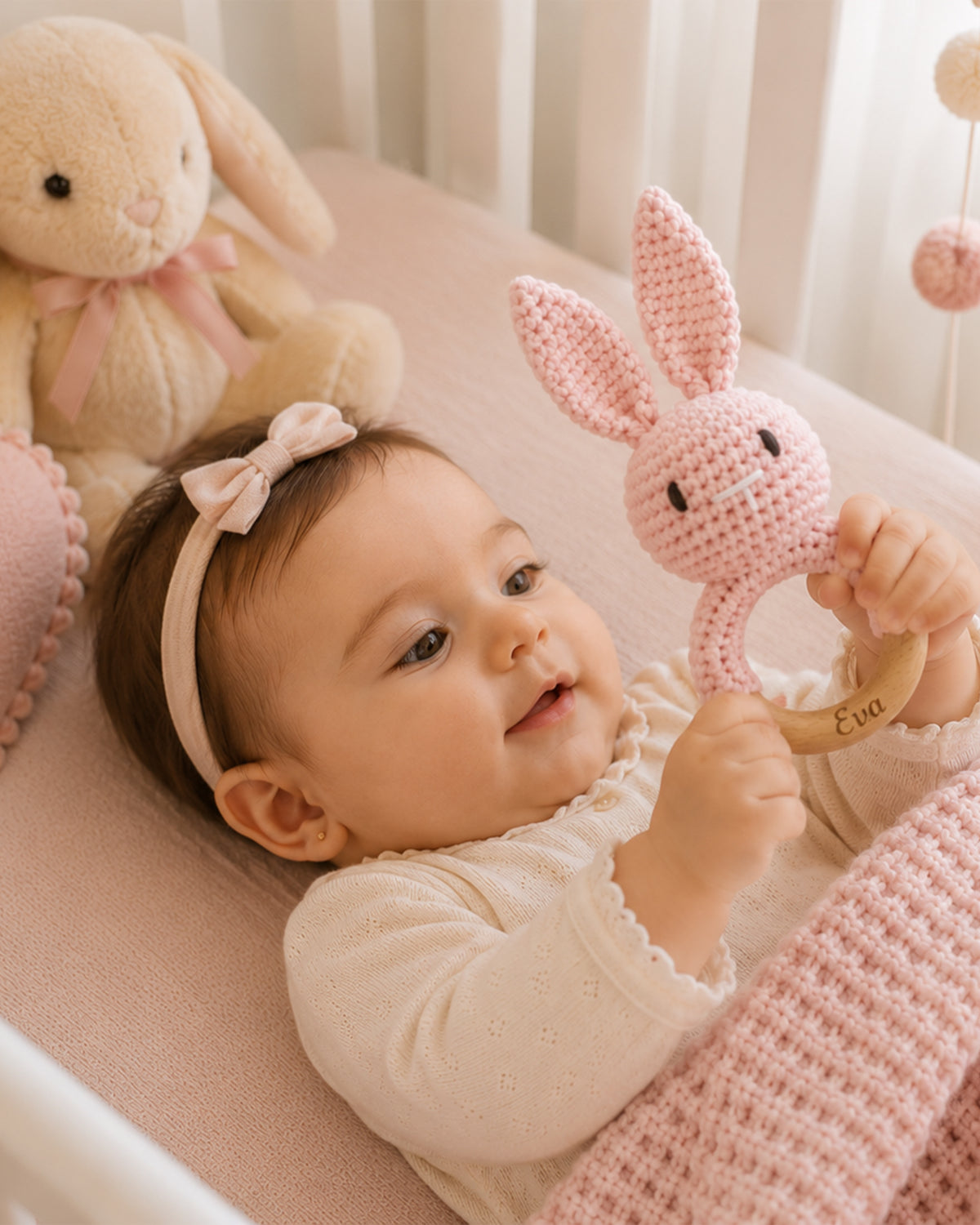 Crochet Bunny Rattle with Wooden Ring | Personalized
