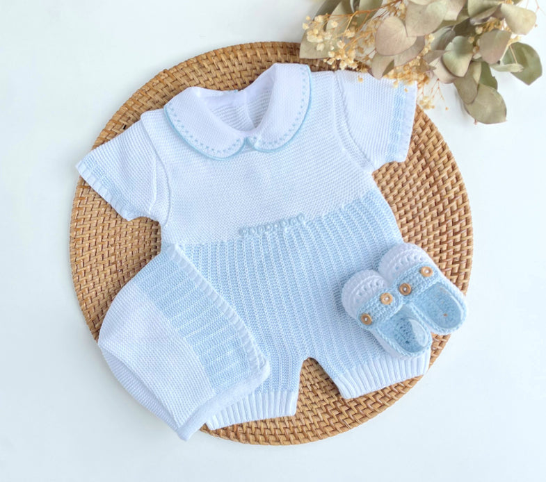 Baby Boy Knitted Romper Set with Bonnet & Booties