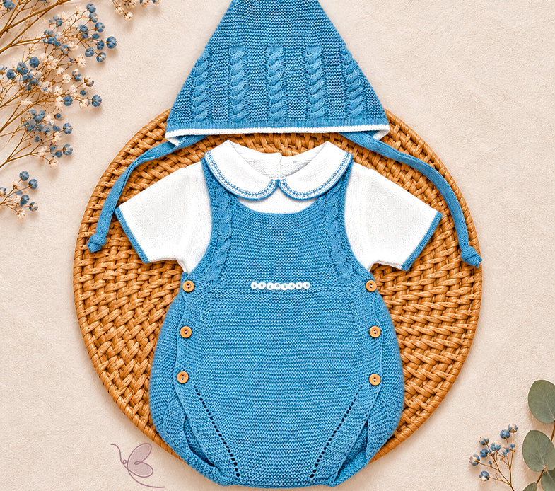 Ranita Knitted Baby Boy with Bonnet & Booties