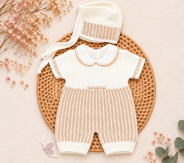 Baby Boy Knitted Romper Set with Bonnet & Booties
