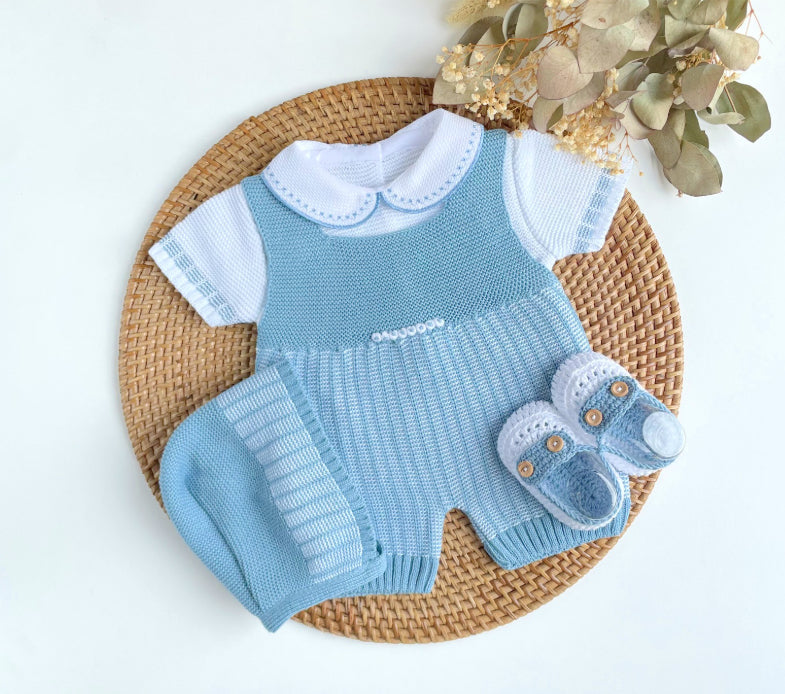 Baby Boy Knitted Romper Set with Bonnet & Booties