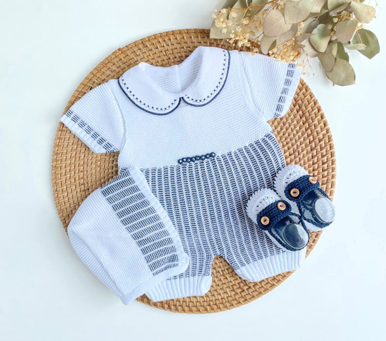 Baby Boy Knitted Romper Set with Bonnet & Booties