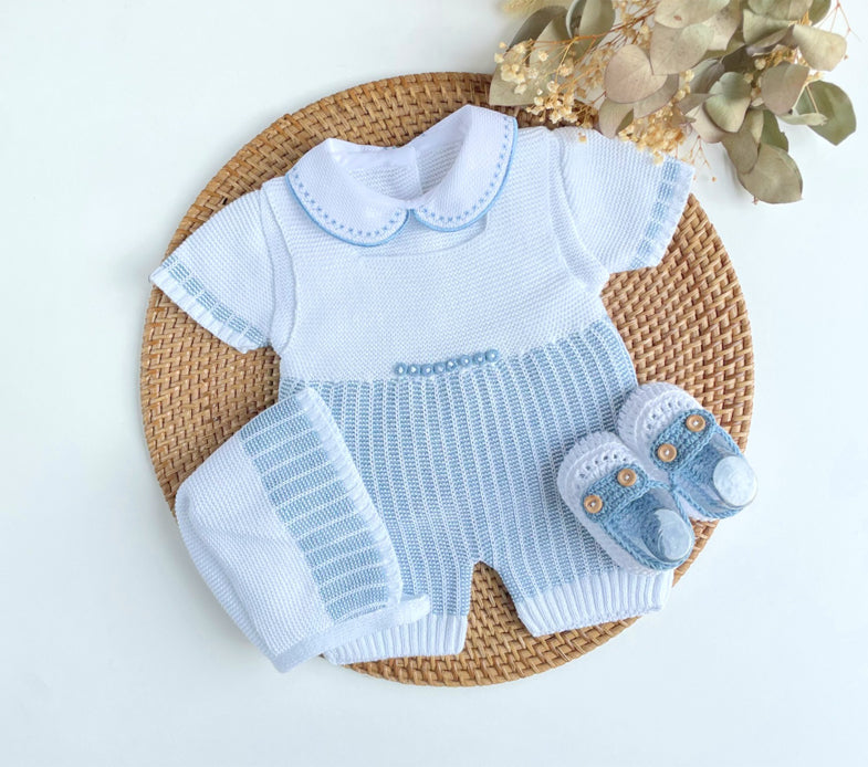 Baby Boy Knitted Romper Set with Bonnet & Booties