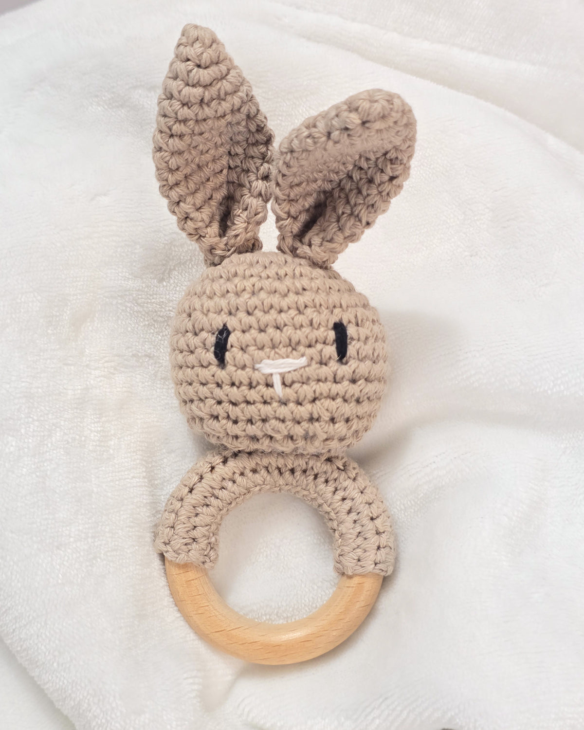 Crochet Bunny Rattle with Wooden Ring | Personalized