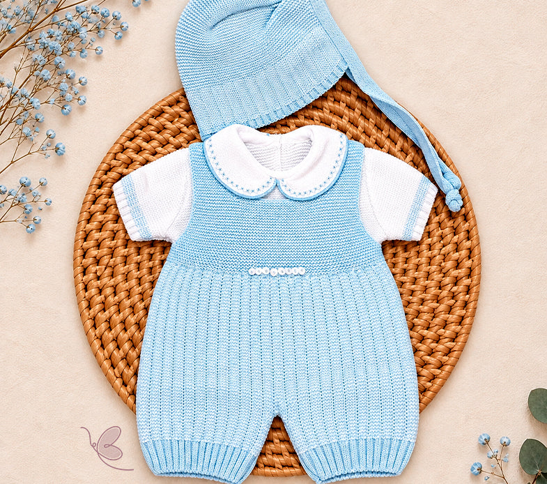Baby Boy Knitted Romper Set with Bonnet & Booties