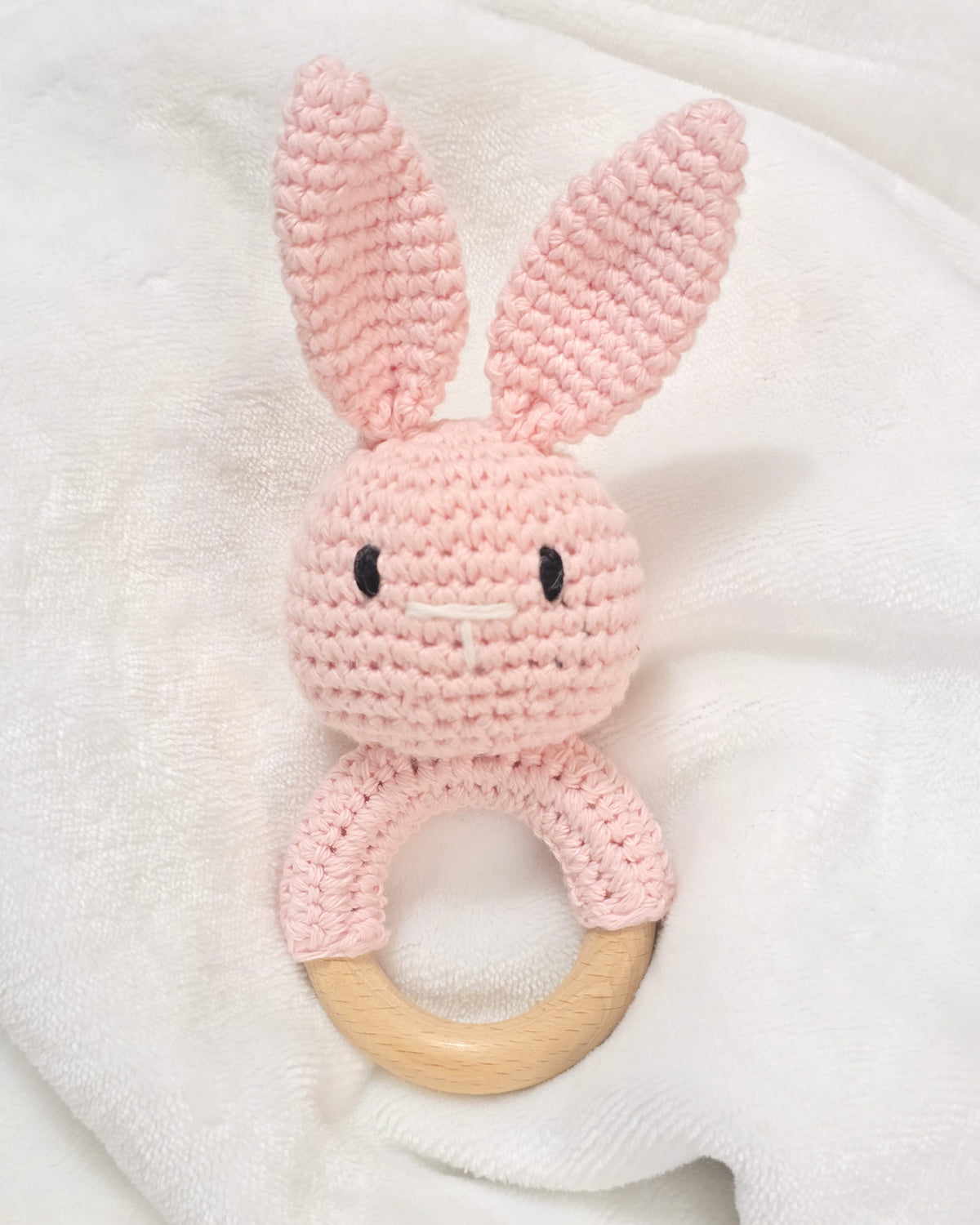 Crochet Bunny Rattle with Wooden Ring | Personalized