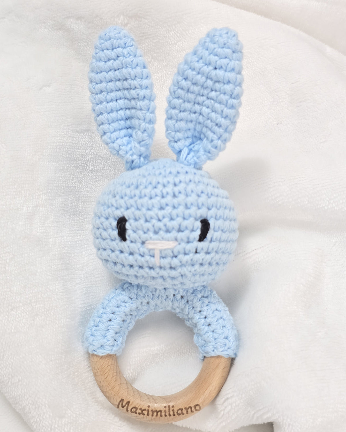 Crochet Bunny Rattle with Wooden Ring | Personalized