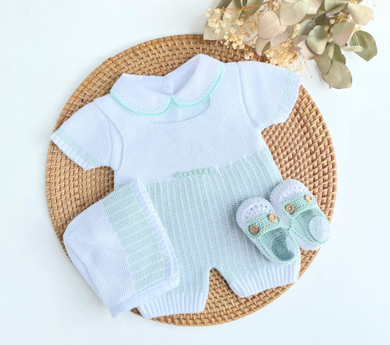 Baby Boy Knitted Romper Set with Bonnet & Booties