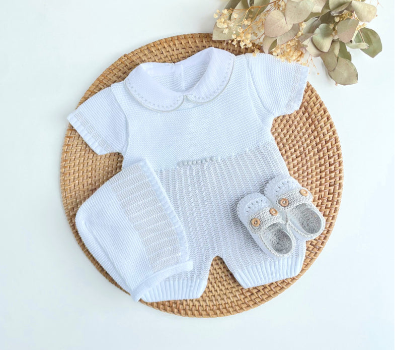 Baby Boy Knitted Romper Set with Bonnet & Booties