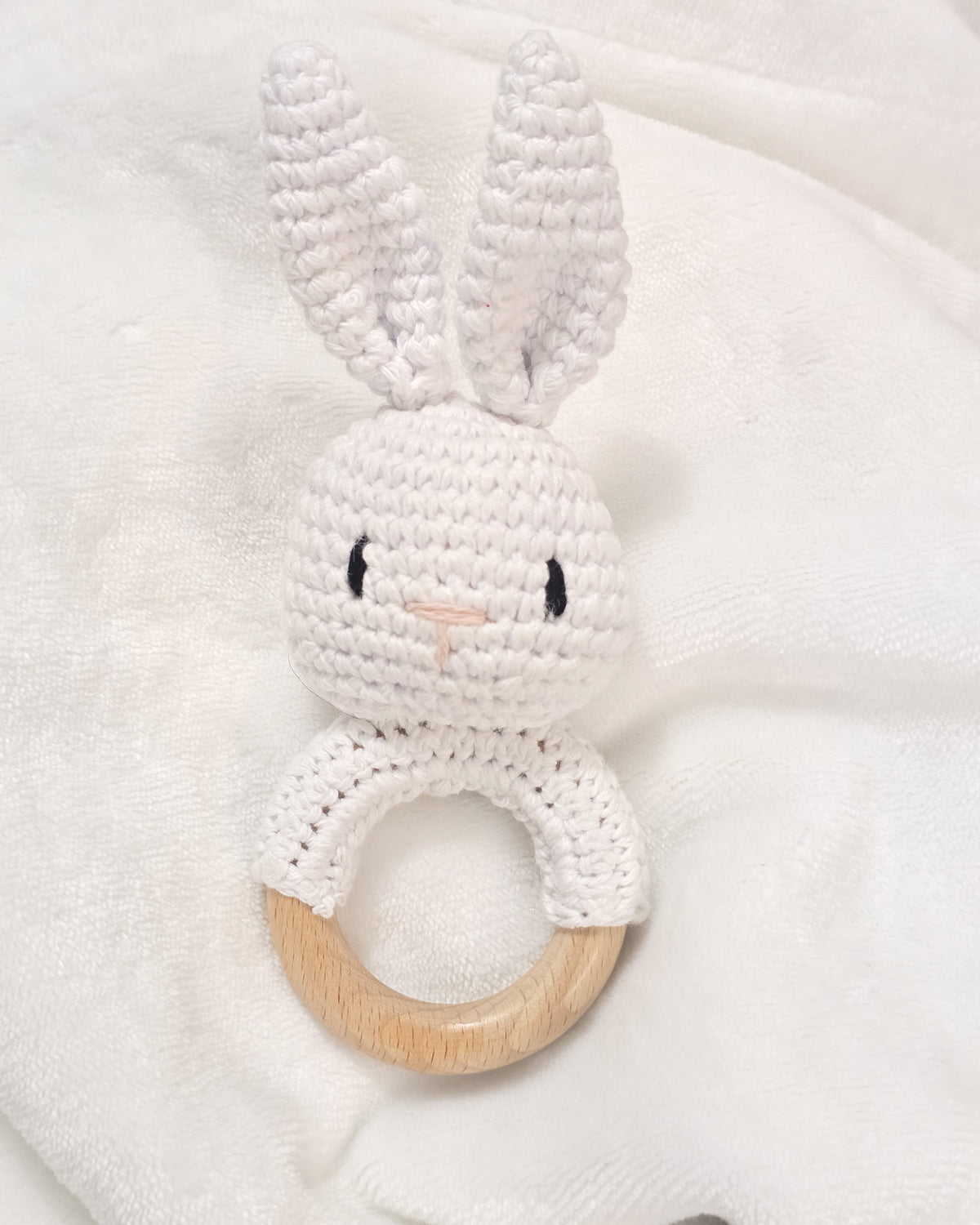 Crochet Bunny Rattle with Wooden Ring | Personalized